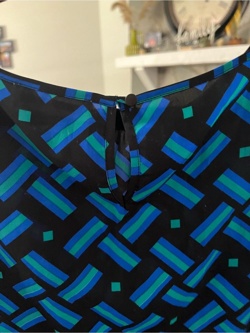 Calvin Klein Black Sleeveless Top with Blue & Teal Geometric Print - Picture 3 of 6